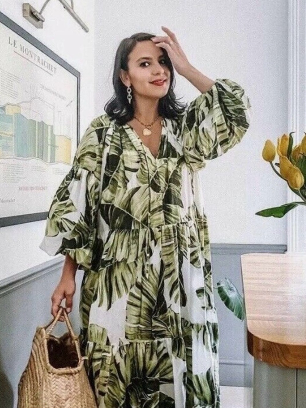 H&M White Dress with Green Palm Print and Tie Neck
